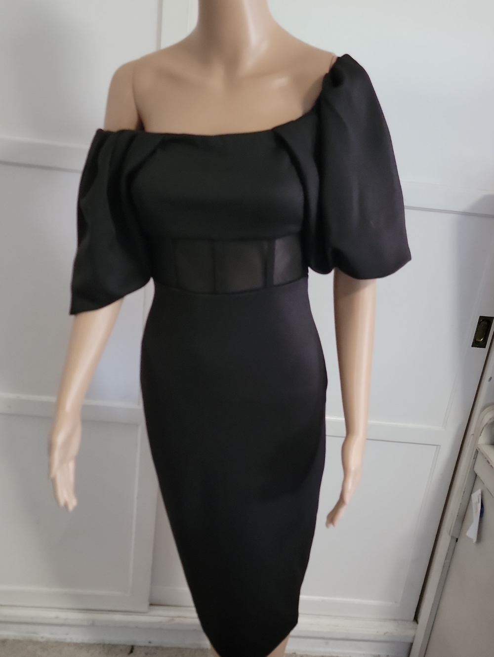 New Off-Shoulder Black Midi Dress with Puff Sleeves